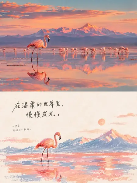 火烈鸟日落摄影与水彩插画